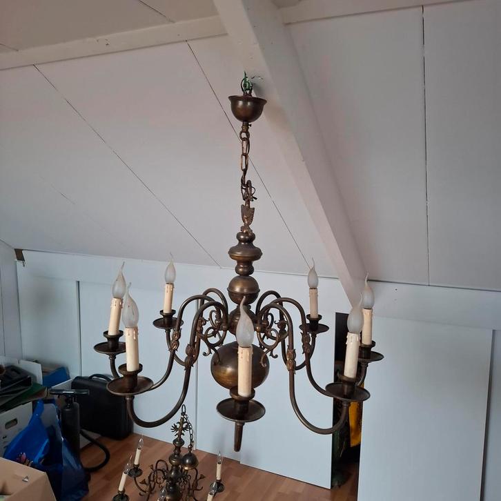 8-arms Koperen Kroonluchter, Huis en Inrichting, Lampen | Kroonluchters, Gebruikt, Metaal, Ophalen of Verzenden