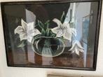 bloem in vaas pastelwerkje met lijst achter glas, Minder dan 50 cm, Gebruikt, Oorspronkelijke maker, Ophalen of Verzenden