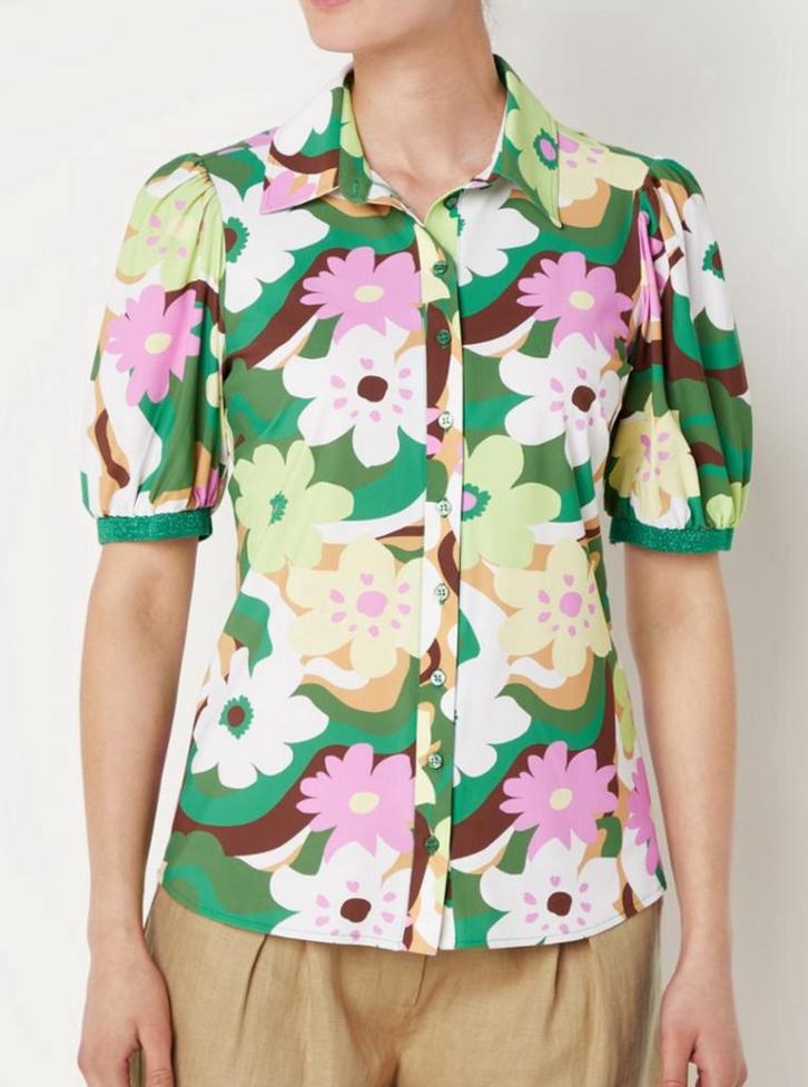 Studio anneloes nomi flower blouse L travelstof, Kleding | Dames, Blouses en Tunieken, Zo goed als nieuw, Maat 42/44 (L), Groen