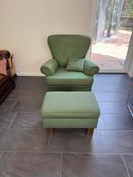 Stoffen fauteuil met voetenbankje, groene stof, Huis en Inrichting, Ophalen, Gebruikt, Klassiek, 75 tot 100 cm