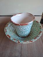 Mooie Bloempot met schotel, blauw motief, Ophalen, Rond, Aardewerk, Minder dan 40 cm