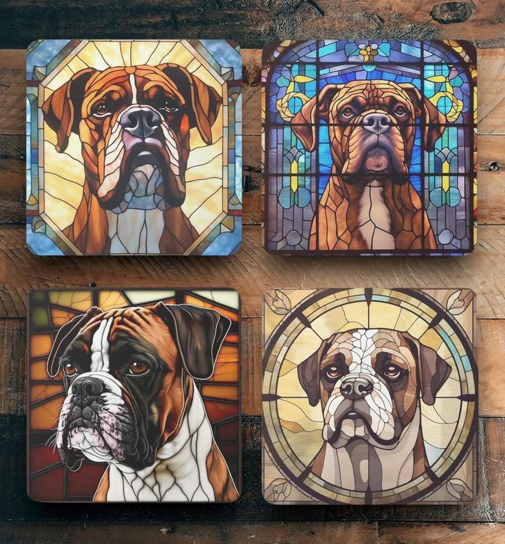 Boxer Glas in Lood onderzetters met houder, Huis en Inrichting, Woonaccessoires | Onderzetters, Nieuw, Glas of Kopje, Ophalen of Verzenden
