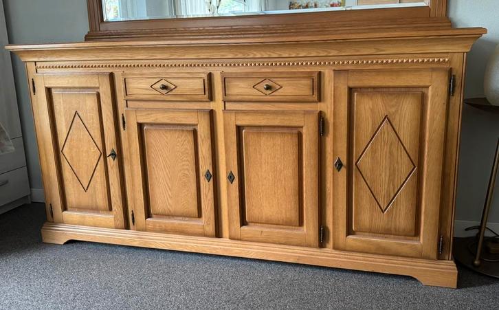 Eiken dressoir met opzetspiegel 200x52x100 cm (LxBxH), Huis en Inrichting, Kasten | Dressoirs, Zo goed als nieuw, 200 cm of meer