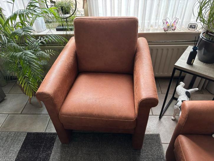 Cognac Bankstel (3-zits) + 2 Stoelen - Gruiters, Huis en Inrichting, Fauteuils, Zo goed als nieuw, Leer, 125 cm of meer, 75 tot 100 cm