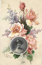 Bloemen met foto van dame ( fantasie reliefkaart ), Verzenden, Voor 1920, Ongelopen, Overige thema's