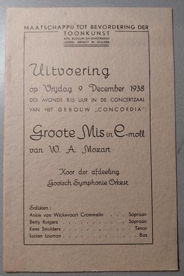 Programmaboekje Groote Mis in C-moll  Mozart Bussum 1938 beschikbaar voor biedingen