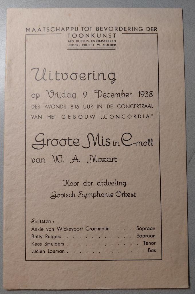 Programmaboekje Groote Mis in C-moll  Mozart Bussum 1938, Boeken, Catalogussen en Folders, Gelezen, Ophalen of Verzenden