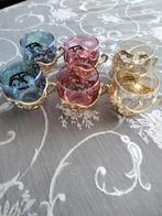 6 retro gekleurde glazen met goudkleurige houder, Ophalen of Verzenden