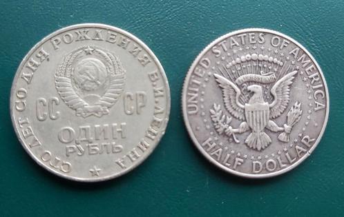 Roebel Lenin 1970  & Halve dollar J.F.K 1964, Postzegels en Munten, Munten | Amerika, Setje, Noord-Amerika, Zilver, Ophalen of Verzenden