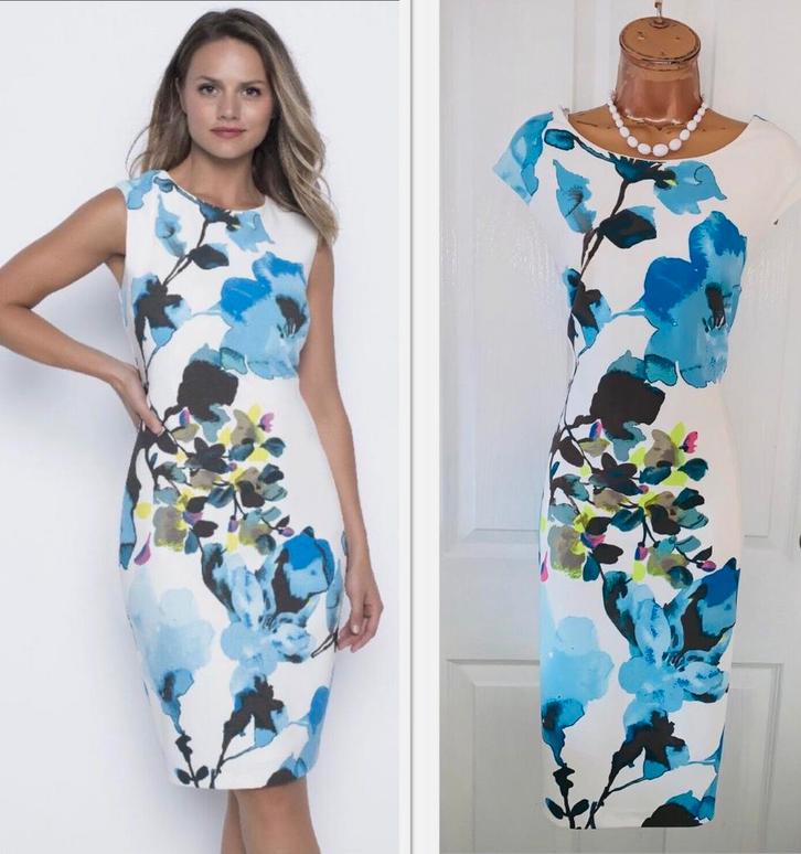 Frank Lyman elegante jurk wit/blauw tinten boothals 36/38, Kleding | Dames, Jurken, Nieuw, Maat 38/40 (M), Overige kleuren, Onder de knie