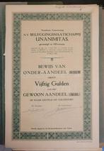 Unanimitas N.V groot 1934 Onder Aandeel en Talon aandeel, Ophalen of Verzenden, 1920 tot 1950, Aandeel