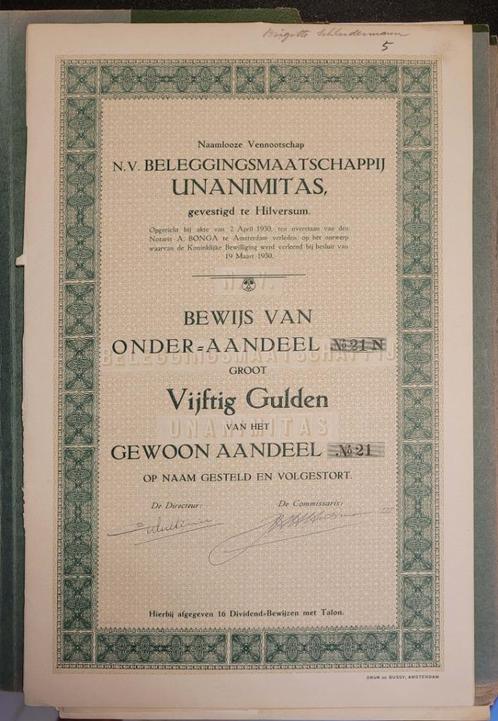 Unanimitas N.V groot 1934 Onder Aandeel en Talon aandeel, Postzegels en Munten, Aandelen en Waardepapieren, Aandeel, 1920 tot 1950