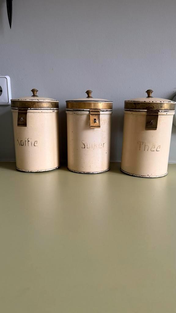 Antieke Voorraadbussen Thee, Suiker, Koffie - 1920, Huis en Inrichting, Keuken | Keukenbenodigdheden, Gebruikt, Ophalen of Verzenden