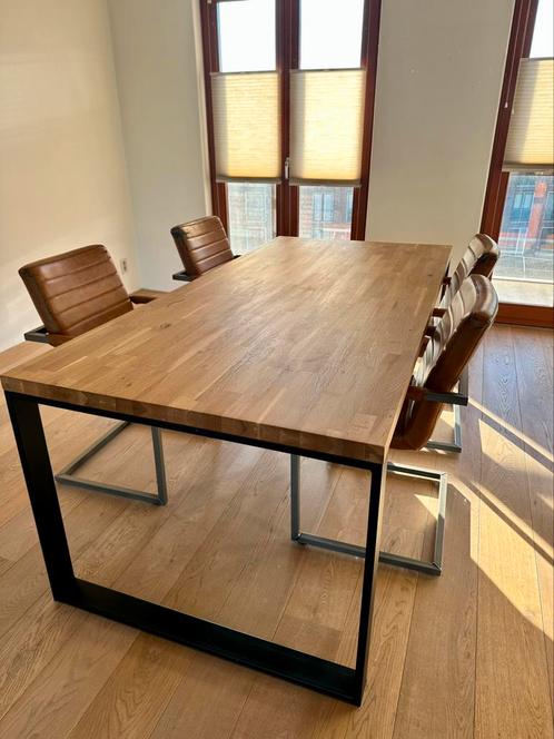 Industriele tafel (hout en staal) 200 cm, Huis en Inrichting, Tafels | Eettafels, Zo goed als nieuw, 50 tot 100 cm, 200 cm of meer