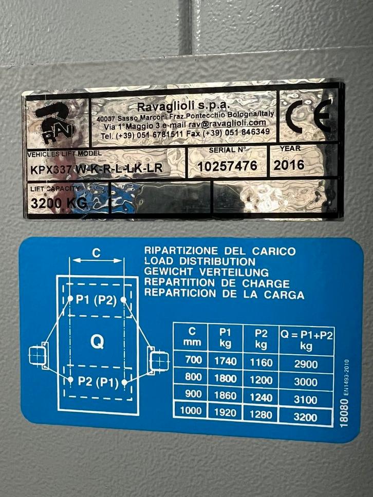 Ravaglioli 2 koloms hefbrug 3200kg bj2016, Auto diversen, Autogereedschap, Zo goed als nieuw, Ophalen