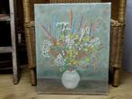 Prachtig olieverf schilderij bloemen in vaas vintage, Ophalen of Verzenden