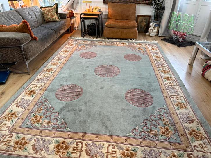 Vintage Deco-stijl wollen tapijt –jadegroen ca. 330 x 215 cm, Huis en Inrichting, Stoffering | Tapijten en Kleden, Zo goed als nieuw