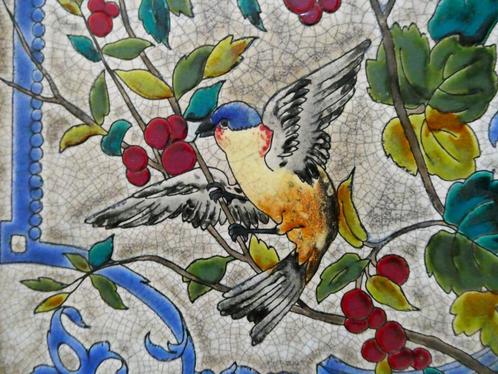 Art Nouveau onderzetter met geëmailleerde vogel, Antiek en Kunst, Antiek | Wandborden en Tegels, Ophalen of Verzenden