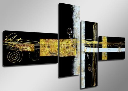 Nieuw * 4 Luik van Canvas * Abstract Zwart Wit Geel 70x160cm, Antiek en Kunst, Kunst | Schilderijen | Abstract, Ophalen of Verzenden