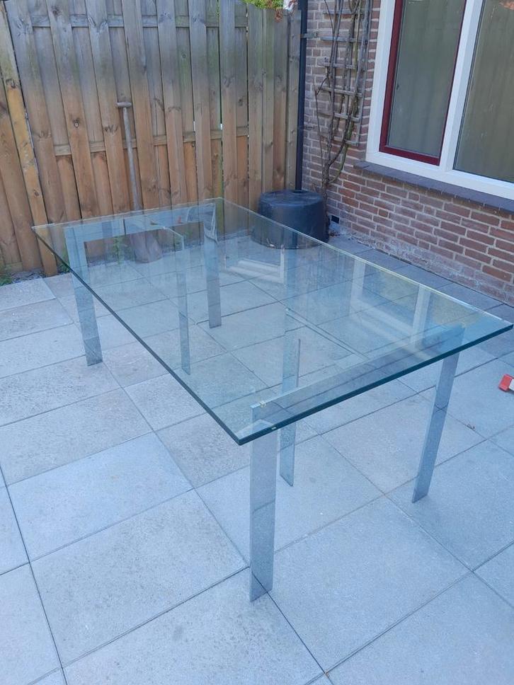 eetkamertafel glazen design tafel met chromen onderstel, Huis en Inrichting, Tafels | Eettafels, Gebruikt, 50 tot 100 cm, Rechthoekig