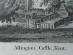 Mooie antieke ingelijste Engelse ets van Allington castle., Antiek en Kunst, Kunst | Etsen en Gravures, Ophalen of Verzenden