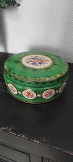 Vintage koektrommel koekblik groen goud bloemen, Ophalen of Verzenden, Gebruikt, Koek(jes), Overige merken
