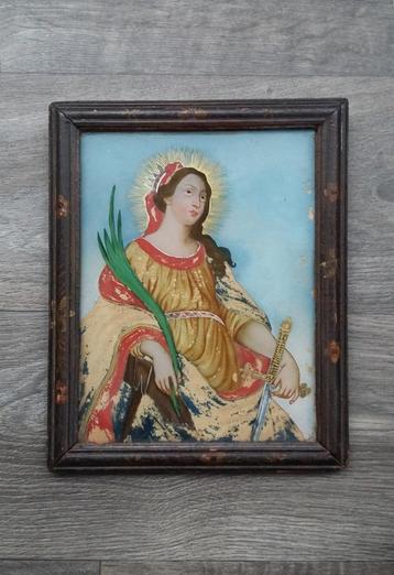 Om 1800 Achterglas Schilderij Heilige Catharina Alexandrië beschikbaar voor biedingen