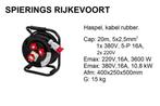 Haspel 20m , rubber kabel, 3 fase 380V en 220V, Ophalen of Verzenden, Nieuw, Kabel of Snoer