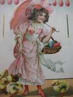 Antieke Kaart met Relief uit 1911 - Meisje Paaseieren Kuiken, Verzenden, Voor 1920, Ongelopen, Feest(dag)