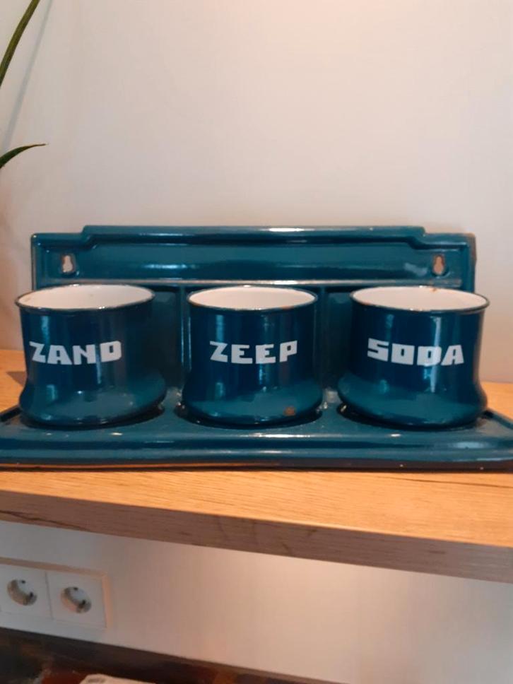 Zeer mooie set zand zeep en soda.  Petrol blue., Antiek en Kunst, Antiek | Emaille, Ophalen of Verzenden