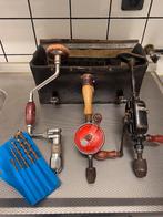 3 oude handboormachines in lederen gereedschapstas, Ophalen of Verzenden