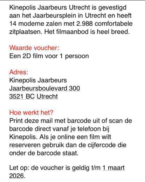 Kinepolis bioscoop bon voor 1x 2D film, Tickets en Kaartjes, Filmkaartjes, Eén persoon, Vrijkaartje alle films, Niet van toepassing