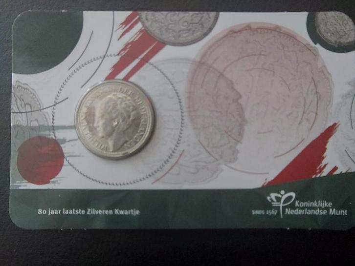 Numismatische coincard - 80jr afscheid zilveren kwartje 1941, Postzegels en Munten, Munten | Nederland, Setje, 25 cent, Koningin Wilhelmina