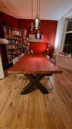 Massief kersenhouten eettafel  225x98x5cm  staal X-onderstel, Huis en Inrichting, Tafels | Eettafels, Ophalen, Rustiek, 200 cm of meer