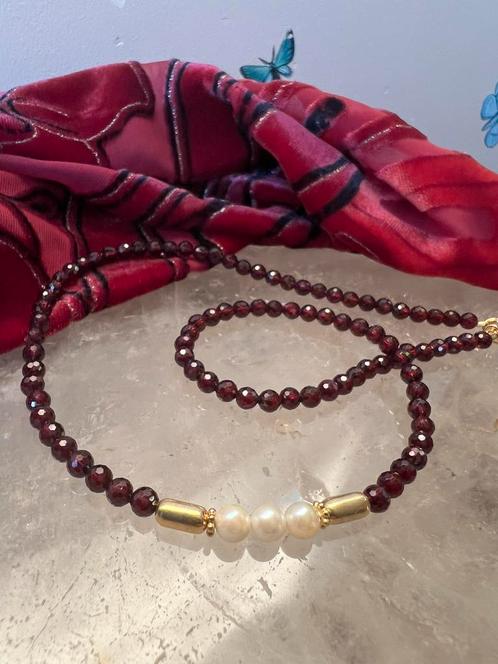 Akoya zoutwater parel granaat power daadkracht geluk liefde, Sieraden, Tassen en Uiterlijk, Kettingen, Nieuw, Zilver, Rood, Met edelsteen