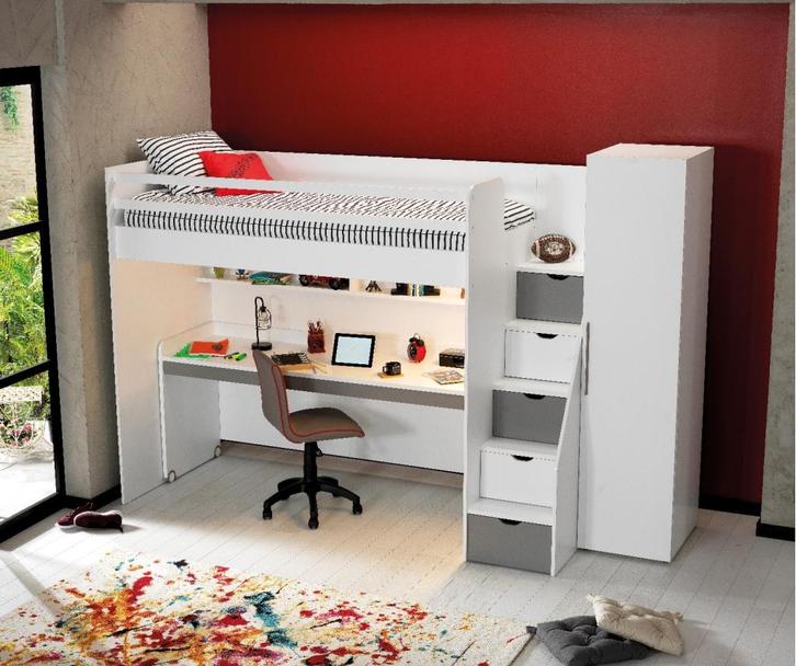 Neo hoogslaper - 90x200 - Wit/grijs, Huis en Inrichting, Slaapkamer | Stapelbedden en Hoogslapers, Nieuw, Ophalen of Verzenden