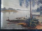 Schilderij rivier kano's bij hut Indonesië Molo Aljili 1961, Antiek en Kunst, Verzenden