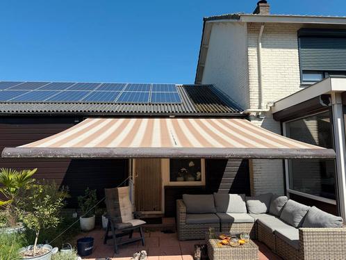 Elektrisch Knikarmscherm - Bruin Crème Gestreept, Tuin en Terras, Zonneschermen, Gebruikt, Knikarmscherm, 300 cm of meer, 250 cm tot 450 cm
