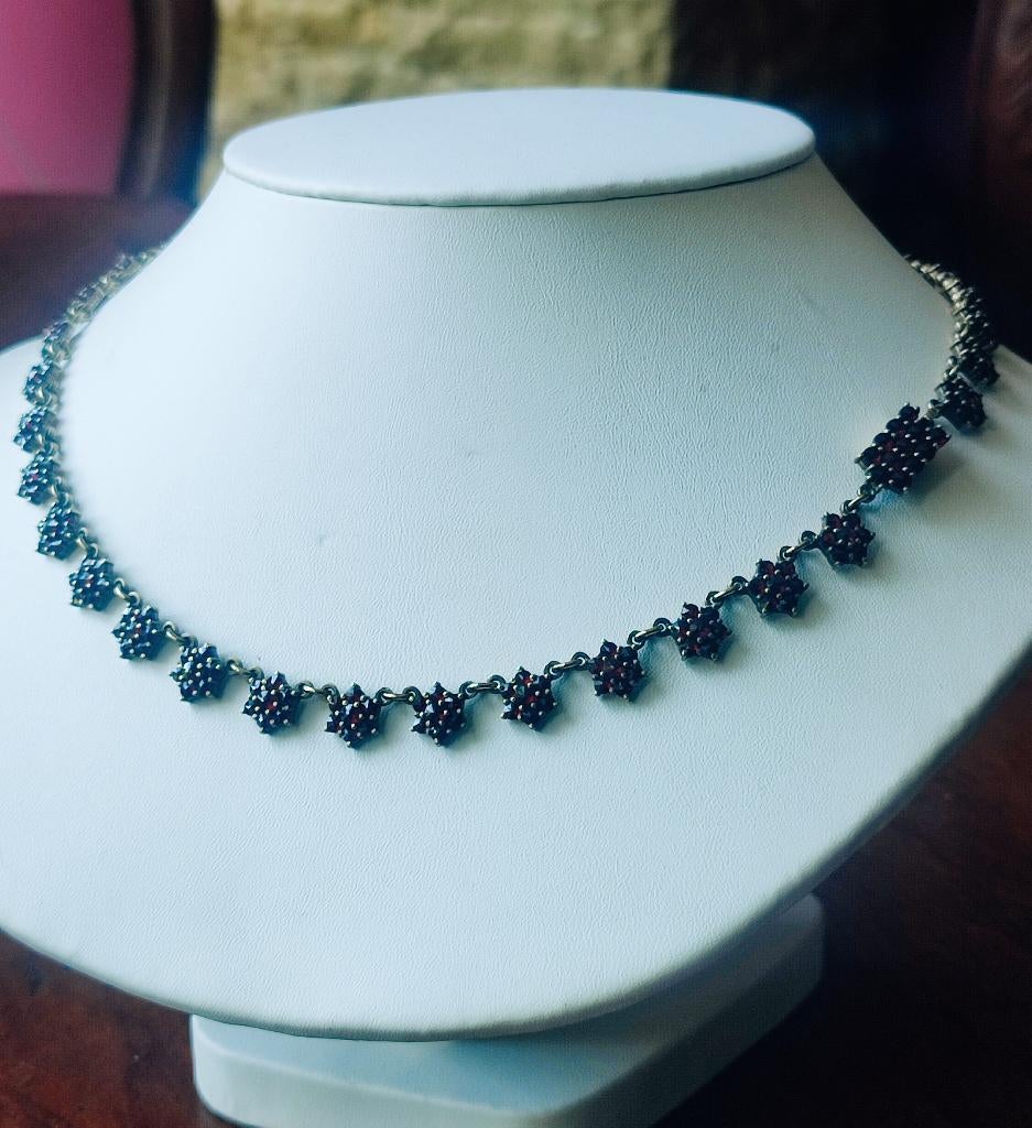Antieke verguld zilveren collier met granaten stenen, Sieraden, Tassen en Uiterlijk, Antieke sieraden, Ketting, Zilver, Verguld
