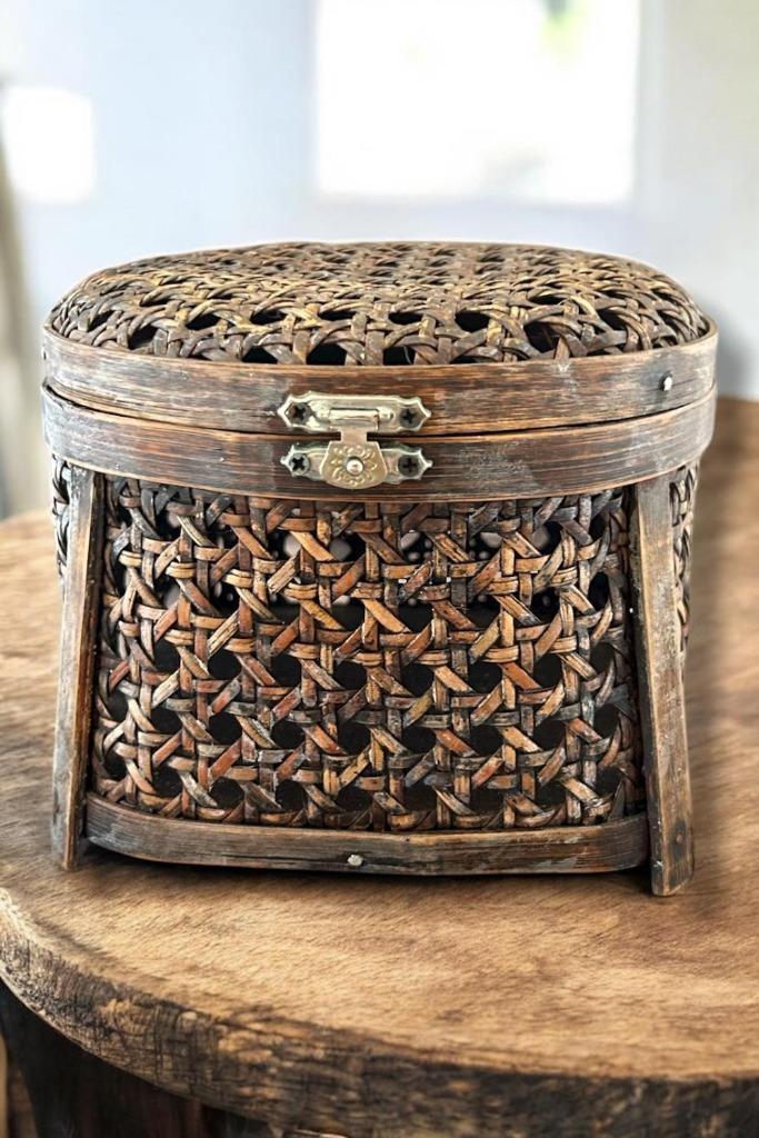 Vintage rotan mand met deksel en metalen sluiting, Huis en Inrichting, Woonaccessoires | Schalen en Manden, Gebruikt, Mand, Rechthoekig