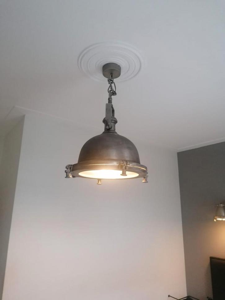Zware Nikkelen Industriële Hanglamp, Huis en Inrichting, Lampen | Hanglampen, Gebruikt, Minder dan 50 cm, Metaal, Ophalen