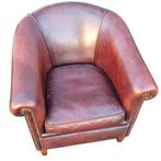 Schapenleren club fauteuil rood bruin leer + BEZORGING, Gebruikt, ., Chesterfield, Ophalen of Verzenden