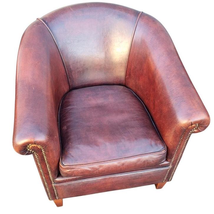 Schapenleren club fauteuil rood bruin leer + BEZORGING, Huis en Inrichting, Fauteuils, Gebruikt, Leer, 75 tot 100 cm, Ophalen of Verzenden