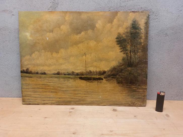 Rivierlandschap, olieverf op paneel, 19e/20e eeuw, Antiek en Kunst, Kunst | Schilderijen | Klassiek, Ophalen of Verzenden