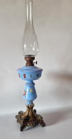 Antieke olielamp met handbeschilderd reservoir, Ophalen of Verzenden