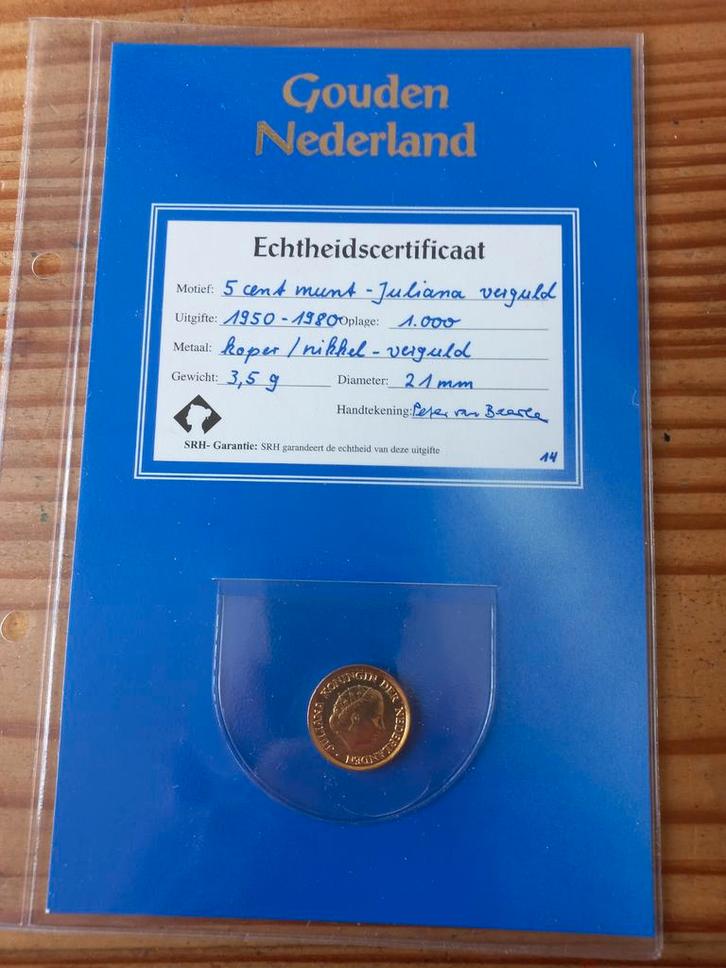 5 Cent Juliana Verguld - Gouden Nederland, Postzegels en Munten, Munten | Nederland, Losse munt, 5 cent, Koningin Juliana, Ophalen of Verzenden