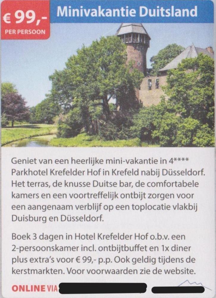 Minivakantie Duitsland €99,- per persoon Postcodeloterij bon, Tickets en Kaartjes, Hotelbonnen, Twee personen, 2 overnachtingen