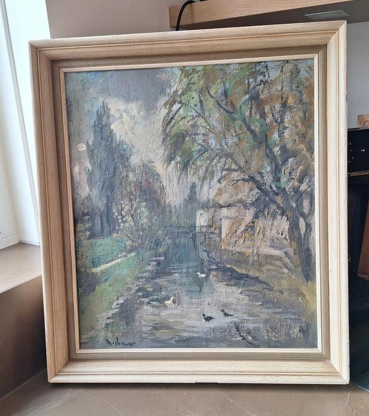 Schilderij: Rivierlandschap met Eenden, Antiek en Kunst, Kunst | Schilderijen | Klassiek, Ophalen of Verzenden