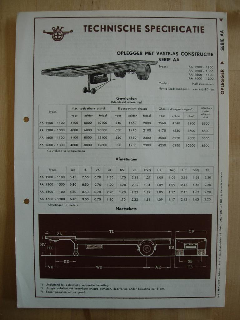 DAF AA 1200 & 1600 Oplegger Specificatie folder 1956, Verzenden, Zo goed als nieuw, Overige merken, DAF