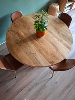 Mango hout ronde tafel met 4stoelen zwarte stalen poten 140¤, Huis en Inrichting, Tafels | Eettafels, Ophalen, Rond, Zo goed als nieuw